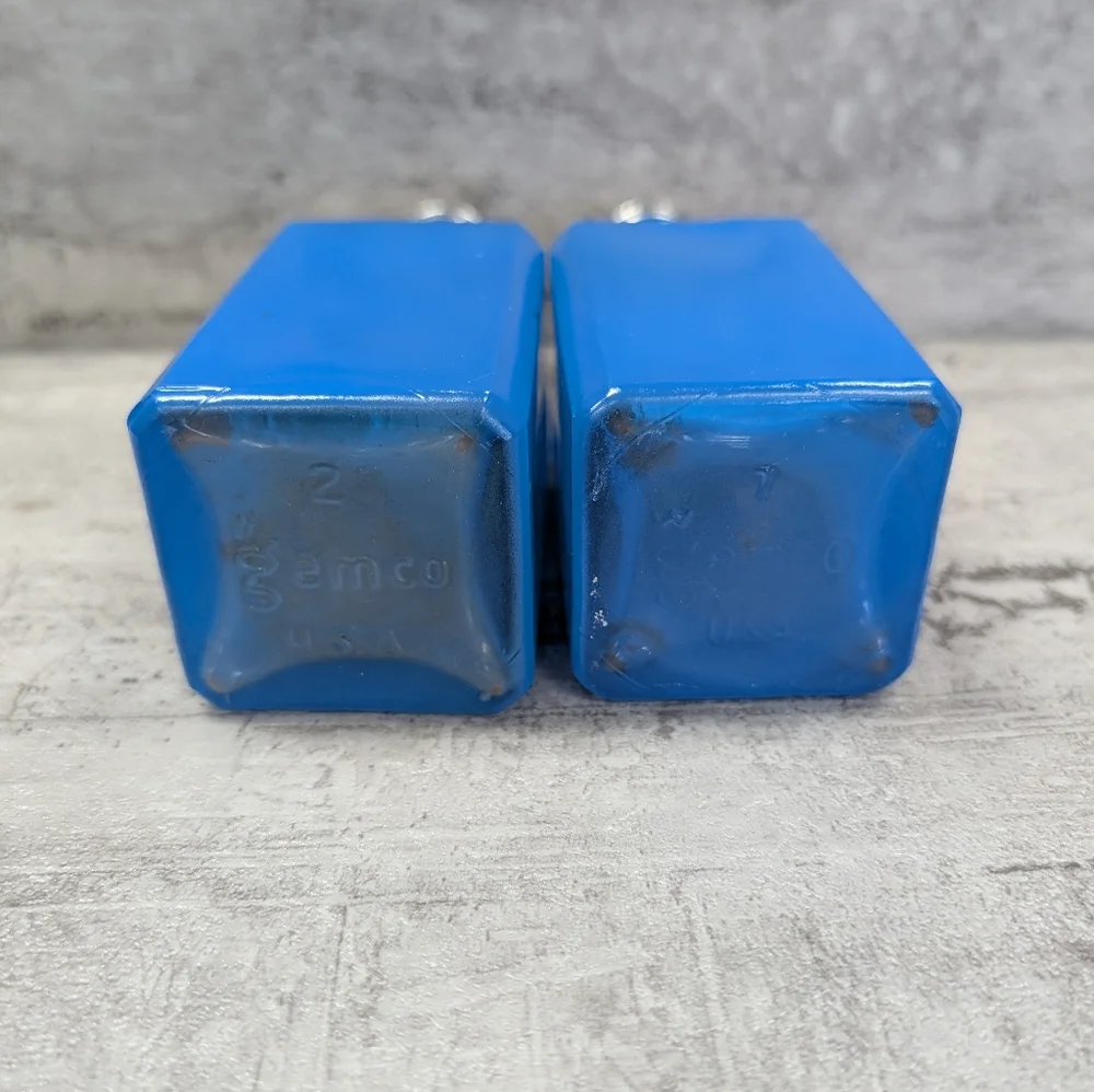 Vintage Gemco Pantry Pops Blue Glass Fired On Oil and Vinegar Cruet Bottles Stai